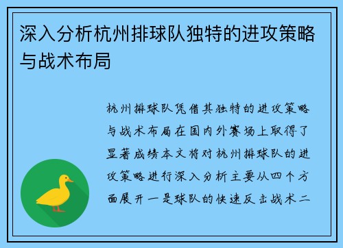 深入分析杭州排球队独特的进攻策略与战术布局