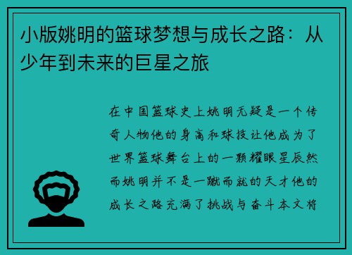 小版姚明的篮球梦想与成长之路：从少年到未来的巨星之旅